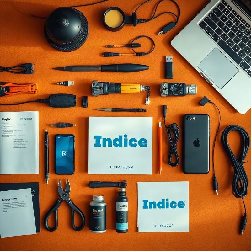 Neatly arranged workspace products on a warm ochre surface with indigo branding accents