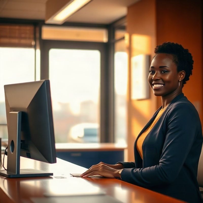 A receptionist at a tidy front desk in a Nairobi office in warm natural light