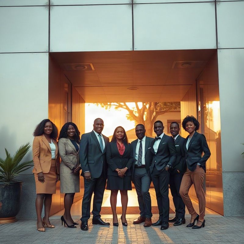 The Sparkaforge team standing at the entrance of a Nairobi office building on Kimathi Street